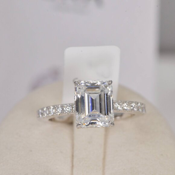 Certified 4.6ct Emerald Cut with Hidden Halo Moissanite Ring 925 Sterling - Picture 8 of 16